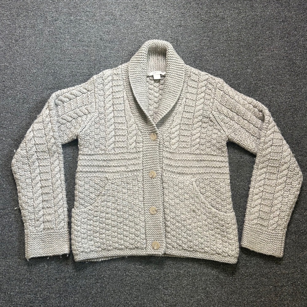 J.Crew Cable Knit wool Cardigan Gray Womens Medium Shawl Collar Casual Heavy